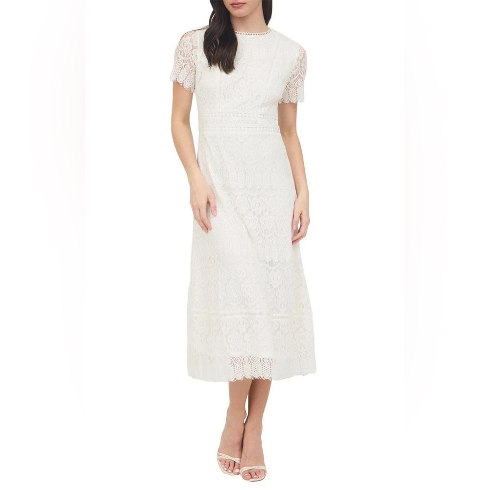 AUGUST SKY Scalloped Lace Midi Dress Ivory